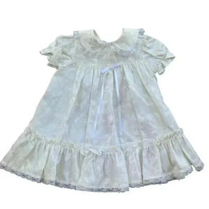 Vintage Cream Lace Baby Dress Puff Sleeves &‎ Ruffled Hem Satin Floral Collared